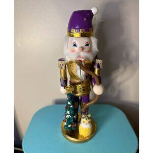 Purple & Gold Wooden Nutcracker w/ Bow, Xmas Tree & Owl – 16” Holiday Decor